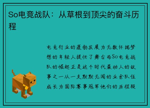 So电竞战队：从草根到顶尖的奋斗历程